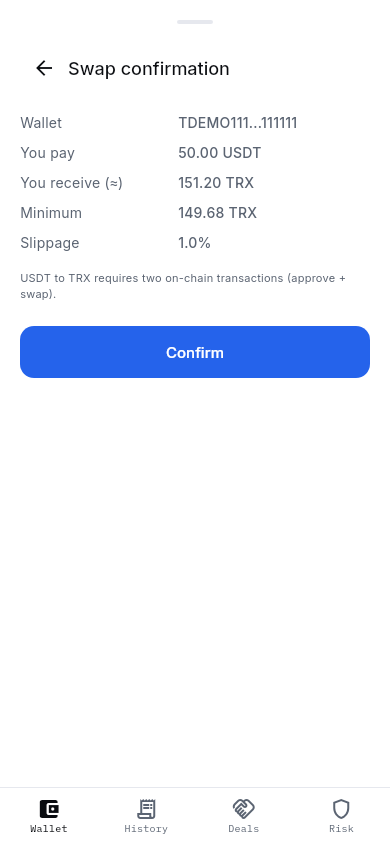 Confirmación del intercambio USDT a TRX en la app móvil